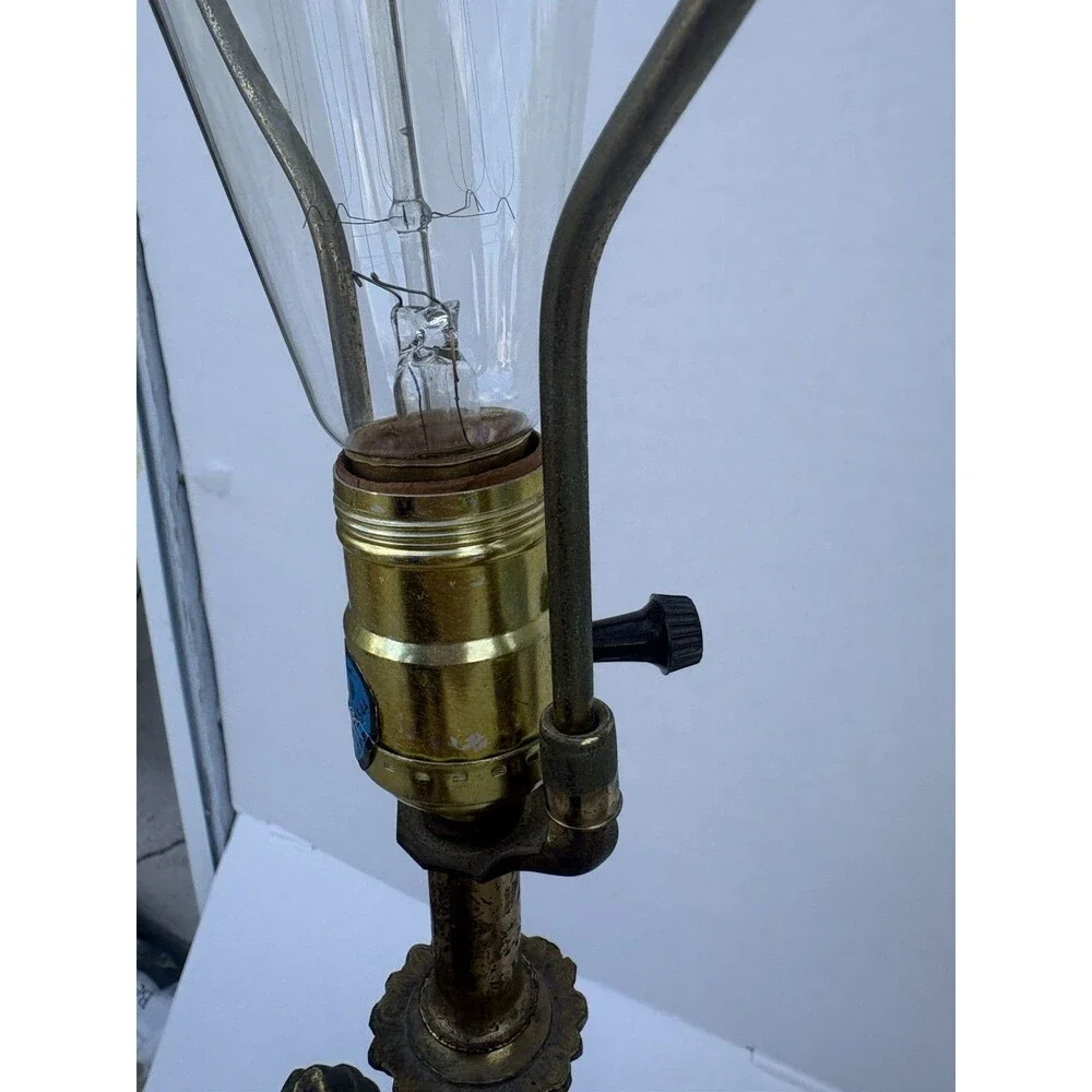 VTG MCM Hollywood Regency Brass Cherub Lamp Iridescent Glass Marble Base Tall